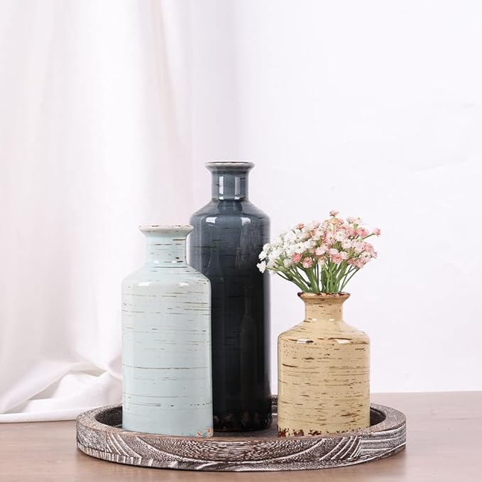 Blue and Beige Ceramic Vase Set of 3 – Rustic Distressed Glaze Pottery Vases, Small Vintage Flower Vases for Home Decor, Farmhouse, Modern Rustic, Shelf, Mantle, Table Centerpiece Decorations