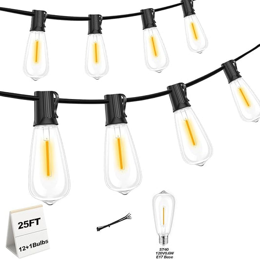 25 FT Outdoor String Lights with 13 Shatterproof Waterproof LED Edison Bulbs Connectable Hanging Patio Lights for Balcony Porch Bistro Garden Decor