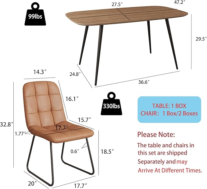 47.2'' Dining Table Set for 4,Modern Wood Dining Table,Leather Dining Chairs 4,Table and Chairs Set of 4,Ideal for Kitchen Dining Room (Walnut Color Table + 4 U-Shaped Brown Chairs, 47.2")