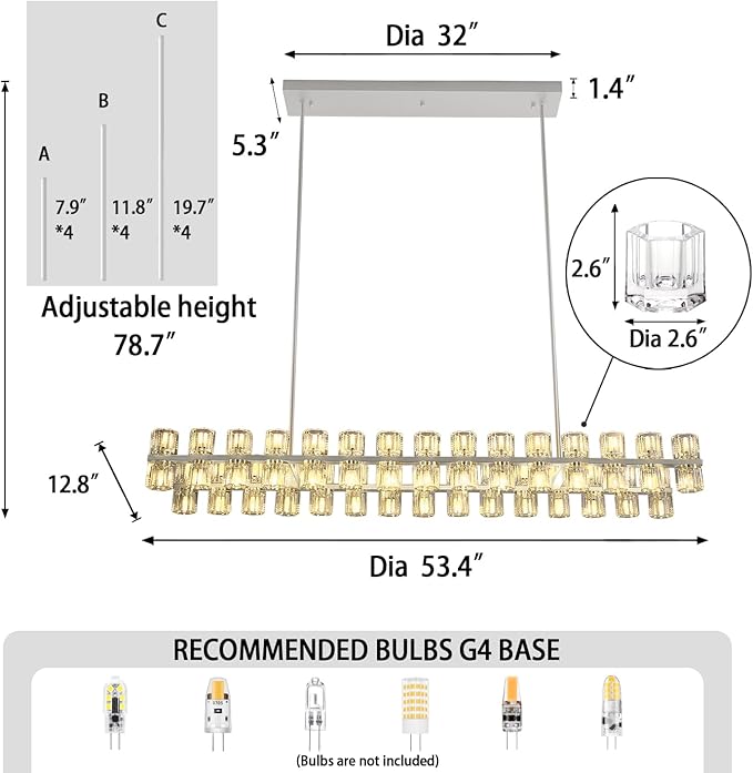 Silver Rectangular Crystal Chandelier Light Fixture 54 in Dining Room Chandelier Over Table Modern Farmhouse Ceiling Pendant Hanging Light Fixture for Living Room, Kitchen Island