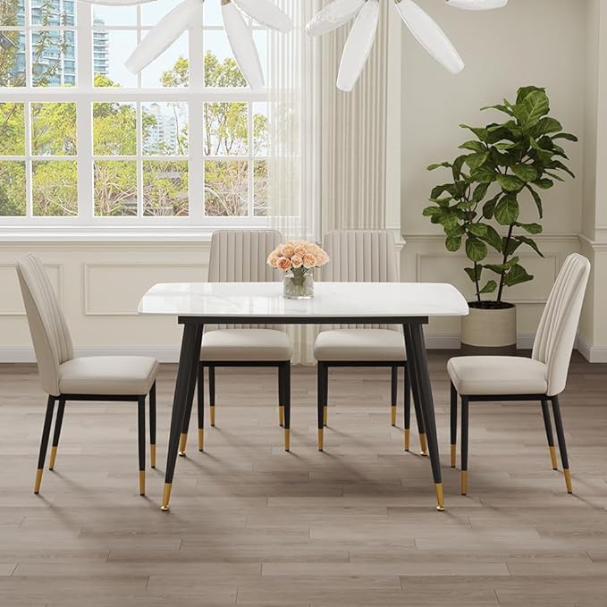 50" White Modern Sintered Stone Dining Table Set for 4 Faux Marble Dining Table with 4 Upholstered PU Leather Chair Dining Room Table Set(1White Table+4Gray Chairs)