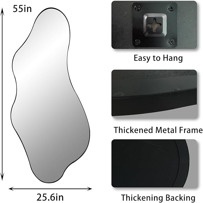 Large Irregular Mirror, Asymmetrical Wall Mirrors Decorative, 55"x25.6" Wavy Shaped Mirror with Metal Frame, Abstract Full Length Mirrors for Living Room Bathroom Bedroom Hallway Entryway