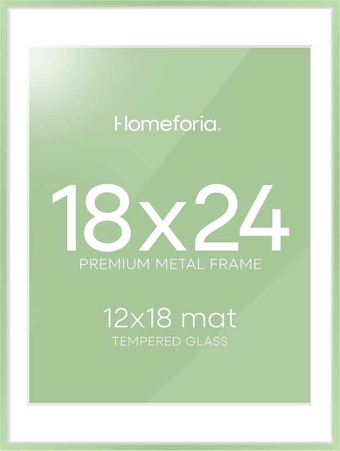 Homeforia 18x24 Frame Sage Green, High End Metal 18x24 Poster Frames with Mat 16x20 inch Photo, 18 x 24 Sage Green Picture Frame Matted to 16 by 20 Art, 24x18 Frame, Tempered Glass, Wall Kit, Set of 1