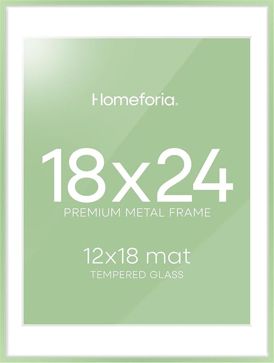 Homeforia 18x24 Frame Sage Green, High End Metal 18x24 Poster Frames with Mat 16x20 inch Photo, 18 x 24 Sage Green Picture Frame Matted to 16 by 20 Art, 24x18 Frame, Tempered Glass, Wall Kit, Set of 1