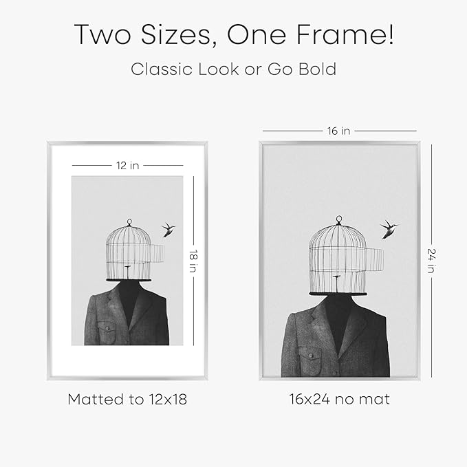 Homeforia 16x24 Silver Picture Frames, High End Metal 16x24 Poster Frame with Mat 12x18 in Photo, 16 x 24 Silver Frame Matted to 12 by 18 Print, 24x16 Hanging Frame, Tempered Glass, Wall Kit, Set of 2
