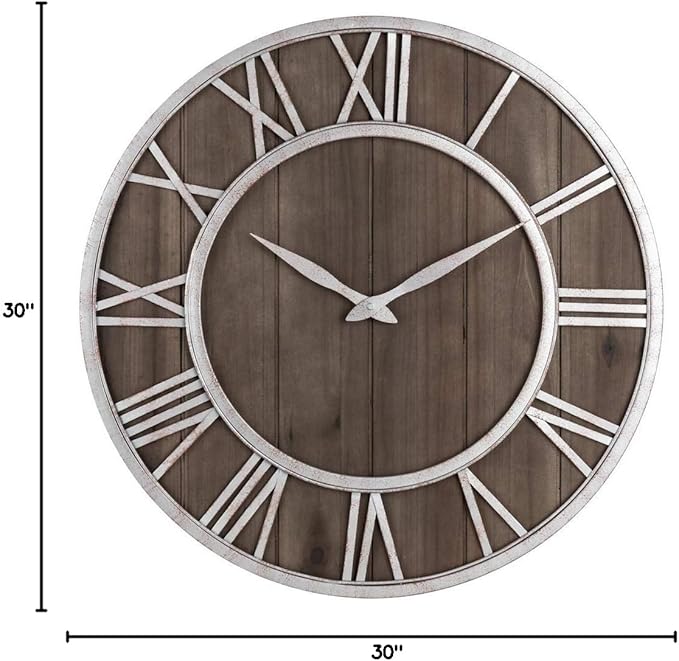 Oldtown Farmhouse Metal & Solid Wood Noiseless Wall Clock (Dark Brown, 30-inch)