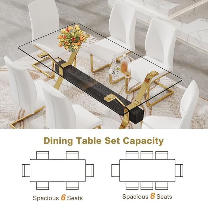 71'' Modern Dining Table Set for 6,7 Piece Glass Dining Table Set with Open‑Frame X‑Shaped Golden Metal Base,Gold Kitchen Table and Chairs Ideal for Dining Room&Home Office