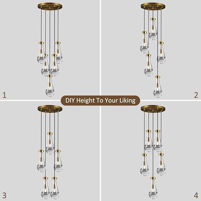 Raindrop 5 Light Cluster Pendant Light, Brass High Ceiling Chandeliers Adjustable, Living Room Pendant Light, Foyer Chandeliers, Stairwell Pendant Lights,E12 Including Bulb