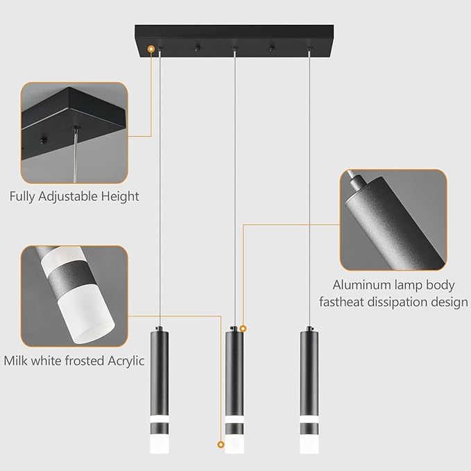 3-Light Dining Room Modern Pendant Light Kitchen Fixture Dimmable LED Black Mini Pendant Lighting fo Kitchen Island Study Pendant Lights