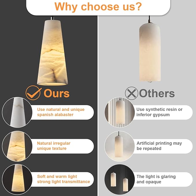 Natural Alabaster Pendant Lights Kitchen Island, H-10in White Pendant Light Fixtures, Light Pendant Marble Conical Shade Black, for Bedroom Bathroom Dining Room Living Room (Dimmable Bulbs INCL)