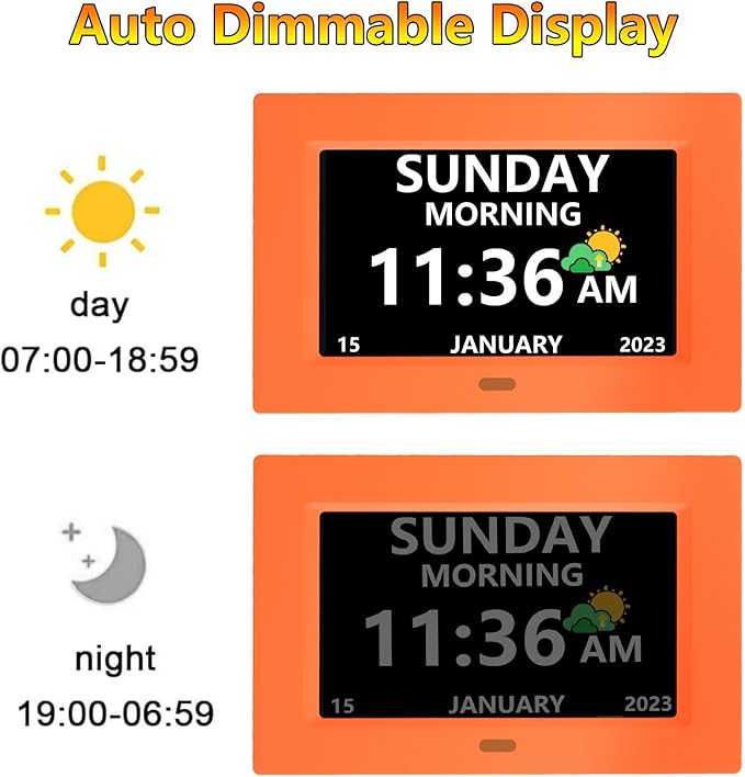 7 Inch Digital Clock with Day and Date for Elderly Alzheimer's Clock Customizable Alarms 3 Display Modes Large Font Alarm Clock for Seniors Auto DST Orange