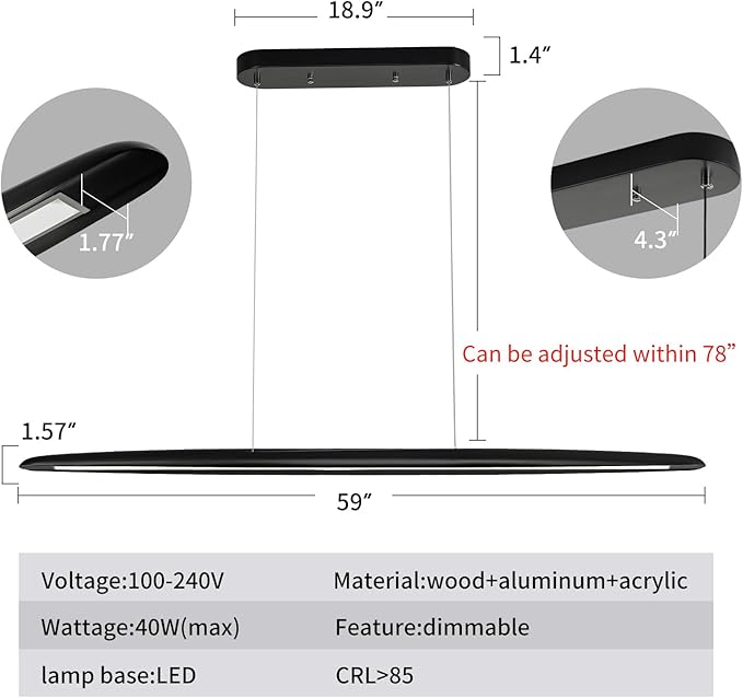 59inch Integrated Led Pendant Light 40w Dimmable Wood Black Linear Pendant Lighting Led Modern Island Light with Black Finish for Living Room Dining Room Billiard & Pool Lights