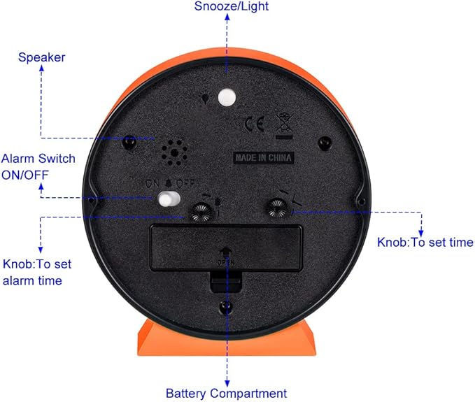 4.5" Battery Operated Antique Retro Analog Alarm Clock, Small Silent Bedside Desk Clock, Lighted on Demand, Battery Operated, Snooze, for Living Room, Bedroom, Bedside, Desk(Orange)