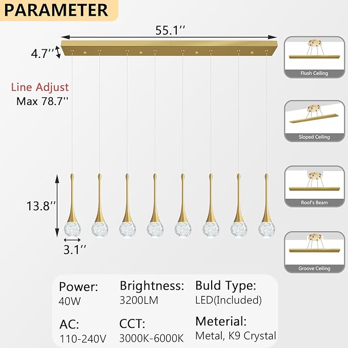 8 Light Modern Glam Crystal Rectangular Chandelier for High Ceiling LED Dimmable Ceiling Pendant Light Kitchen Island Staircase Foyer Enterway Living Room Chandelier Lighting Antique Gold