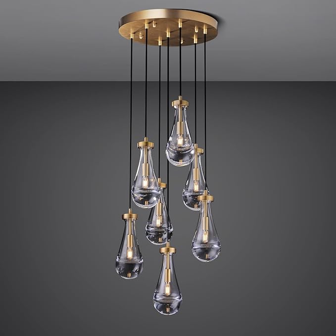 7 Light Raindrop Chandeliers, Brass Teardrop Cluster Pendant Lights Kitchen Island, Gold Dining Room Chandeliers Over Table Hanging Pendant Lighting for High Ceiling, Entryway Staircase