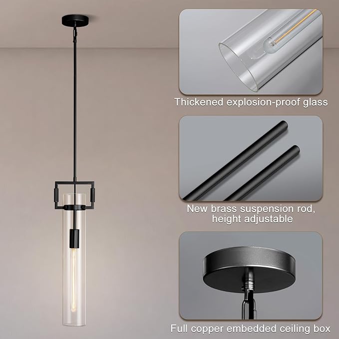 Modern Large Black Pendant Light Fixture 21.6 Inch - Adjustable Hanging Chandelier with Glass Shade & Brass Finish, Island Lighting for Kitchen, Dining Room, Bedroom, Bathroom