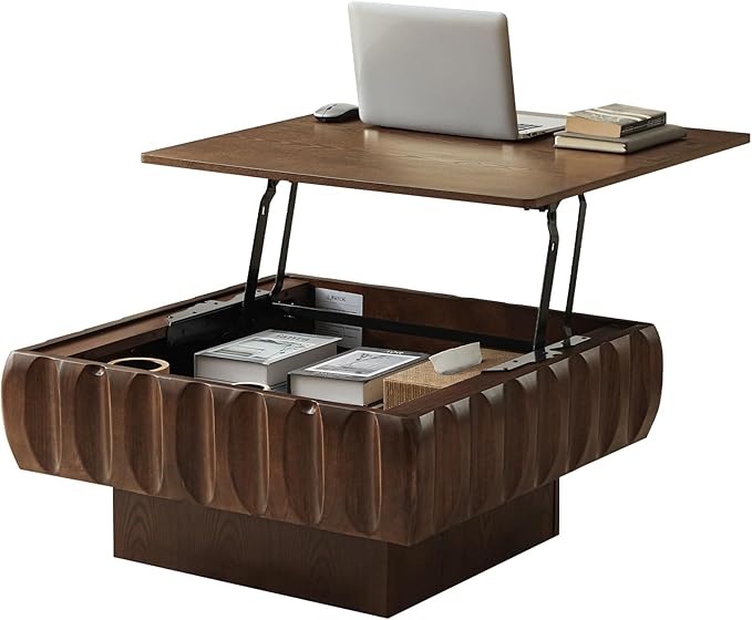 31" Lift Top Coffee Table for Living Room, Fluted Coffee Table with Hidden Storage Compartment, Mid Century Modern Solid Wood Veneer Square Center Table for Office Apartment Small Space, Walnut