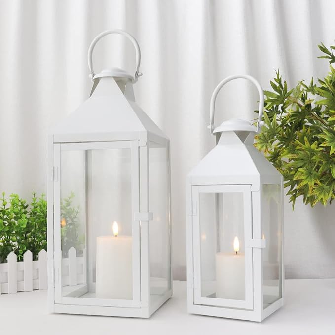 JHY DESIGN Set of 2 Cream Decorative Lanterns 17.5inch&13.5inch Metal Candle Lanterns for Indoor Outdoor Events Paritie and Weddings Vintage Style Hanging Lantern