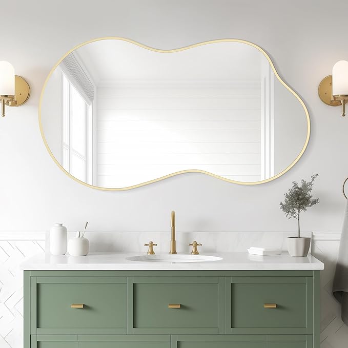 WallBeyond Gold Irregular Wall Mirror, Modern Asymmetrical Mirror with Aluminum Frame for Bedroom, Bathroom, Living Room, and Entryway 46" H x 26" W (Gold)