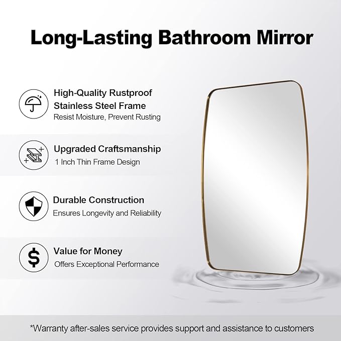 ANDY STAR Gold Mirror for Bathroom, 28x36 Inch Stainless Steel Metal Frame Oblong Bathroom Mirror for Vanity, 1’’ Deep Wall Mounted Vertically/Horizontal