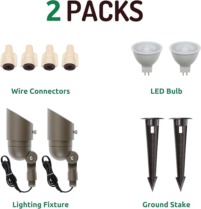 Lumina Lighting® 4W Landscape Lighting 12V Landscape Lights Low Voltage Landscape Spotlights Warm White Waterproof Outdoor Replaceable LED Bulb for Garden, Lawn, Porch, Patio and Yard (Bronze, 2-Pack)
