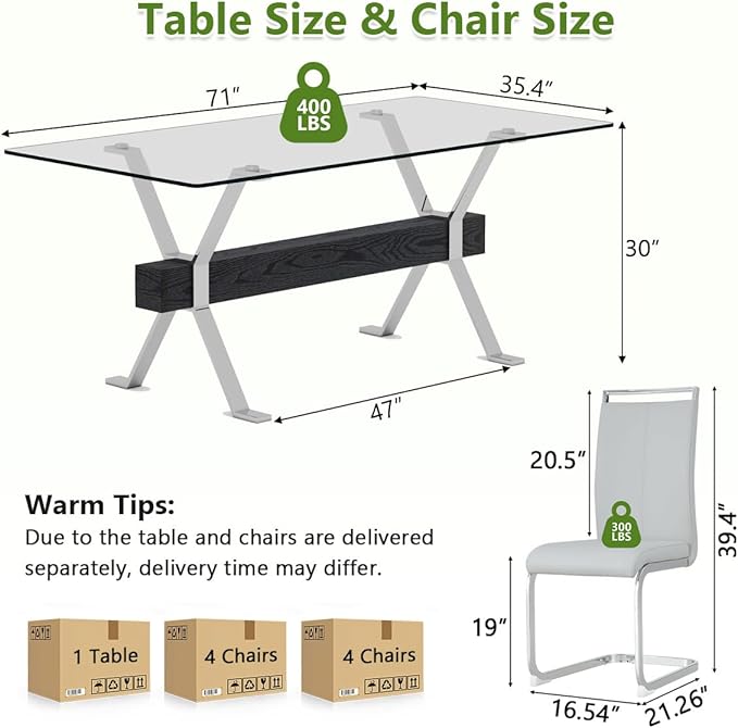 9 Piece Glass Dining Table Set, Kitchen Table Chairs Set for 8, 71'' Dining Table with 0.4" Tempered Glass Tabletop with Plated Metal Legs and MDF Crossbar, 8 PU Chairs for Dining Room, Kitchen.