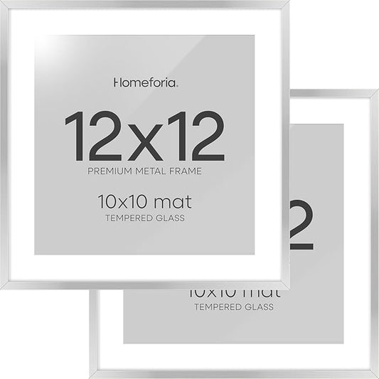 Homeforia 12x12 Silver Frame, High End Metal 12 x 12 Square Picture Frame with Mat 10 x 10 Photo, 12x12 Poster Frames Matted to 10x10 Print, 12 by 12 Hanging Frames, Tempered Glass, Wall Kit, Set of 2