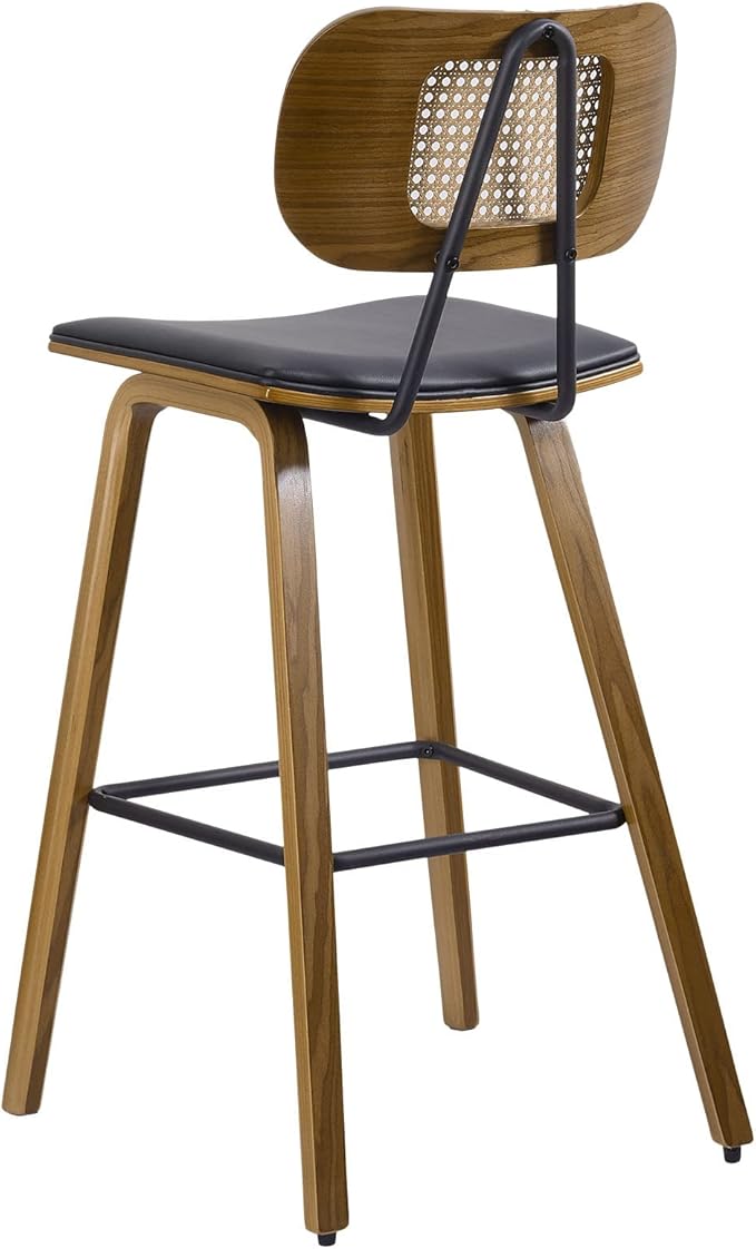 Counter Height Bar Stools, Mid Century Modern Rattan Counter Stools, 26" Wood Kitchen Stool PU Leather Upholstered Barstool with Cane Back, Counter Height Island Dining Bar Chair, Black
