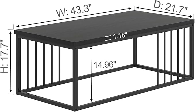 FOLUBAN Black Coffee Table, Modern Industrial Wood and Metal Center Table, Rectangle Cocktail Tea Table for Living Room, Black, 43.3 Inch