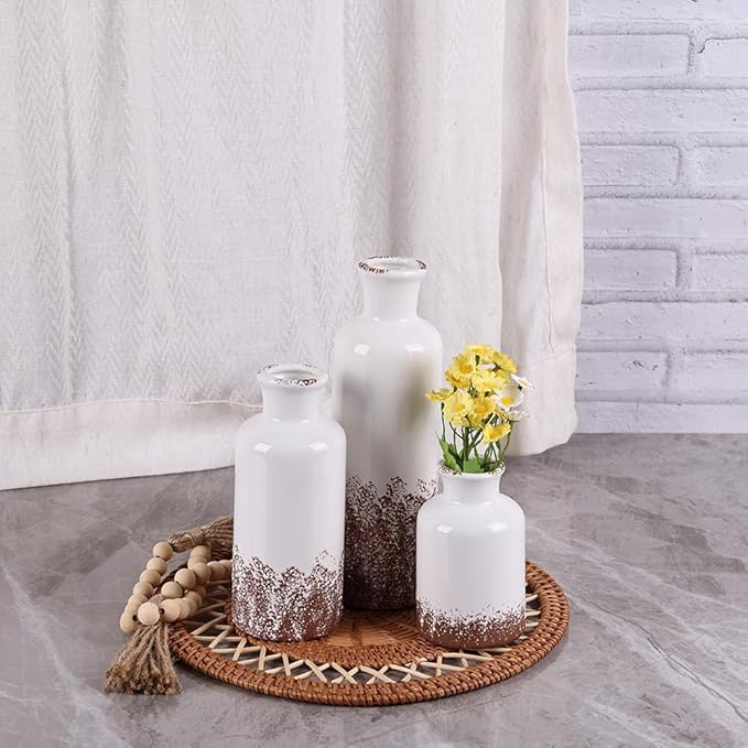 Gray Ceramic Farmhouse Vase Set of 3 – Rustic Small Vases, Vintage Country Style Decorative Vases for Flowers, Home Decor for Living Room, Table, Mantle, Fireplace & Entryway Centerpieces