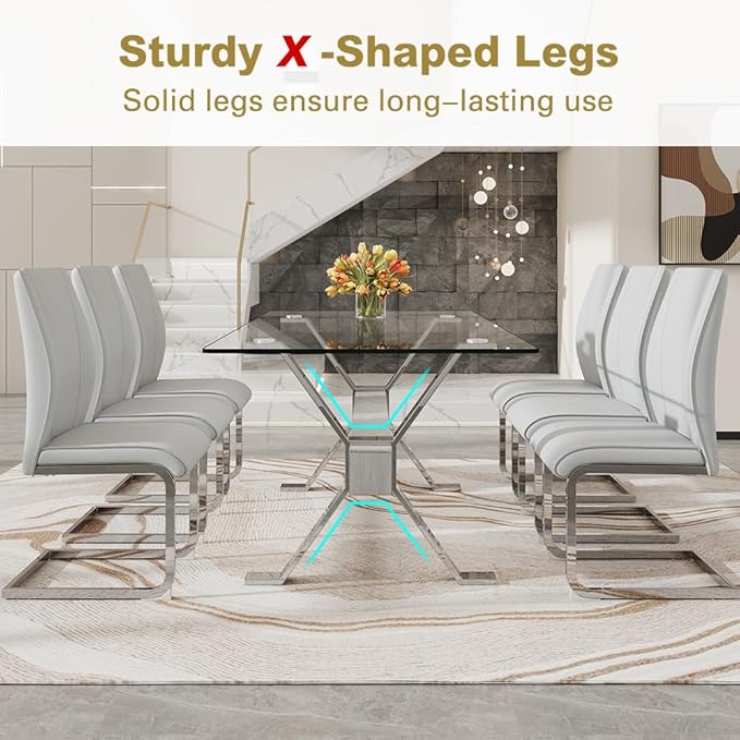71'' Glass Dining Table Set for 6,7 Piece Dining Table Set with Tempered Glass Tabletop and Open‑Frame X‑Shaped Metal Base,Kitchen Table and Chairs Ideal for Dining Room&Home Office
