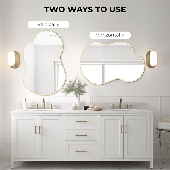 WallBeyond Gold Asymmetrical Mirror, Modern Irregular Wall Mirror with Aluminum Frame for Bedroom, Bathroom, Living Room, and Entryway 36" H x 24" W (Gold)