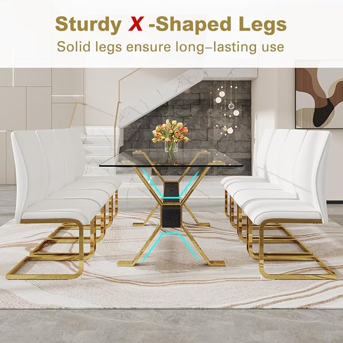 71'' Glass Dining Table Set for 8,9 Piece Dining Table Set with Open‑Frame X‑Shaped Golden Metal Base,Gold Kitchen Table and Chairs Ideal for Dining Room&Home Office