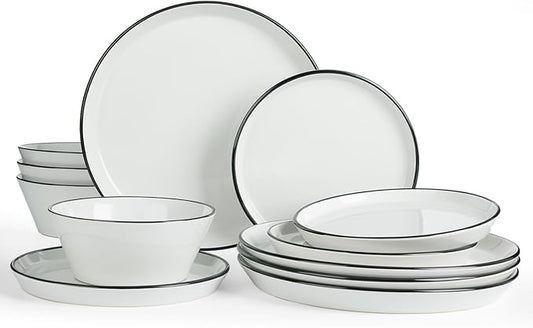 Famiware Saturn Dinnerware Sets, Plates and Bowls Sets for 4, 12 Pieces Stoneware Dish Set - Chip and Scratch Resistant, Microwave and Dishwasher Safe Tableware Set, White with Rim