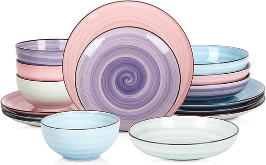 Selamica Ceramic 16-Pieces Dinnerware Set, Ceramic Dishes Set for 4, Kitchen Plates and Bowls Sets, Dinner Plates Set, Spray Black Dots, Gradient Color