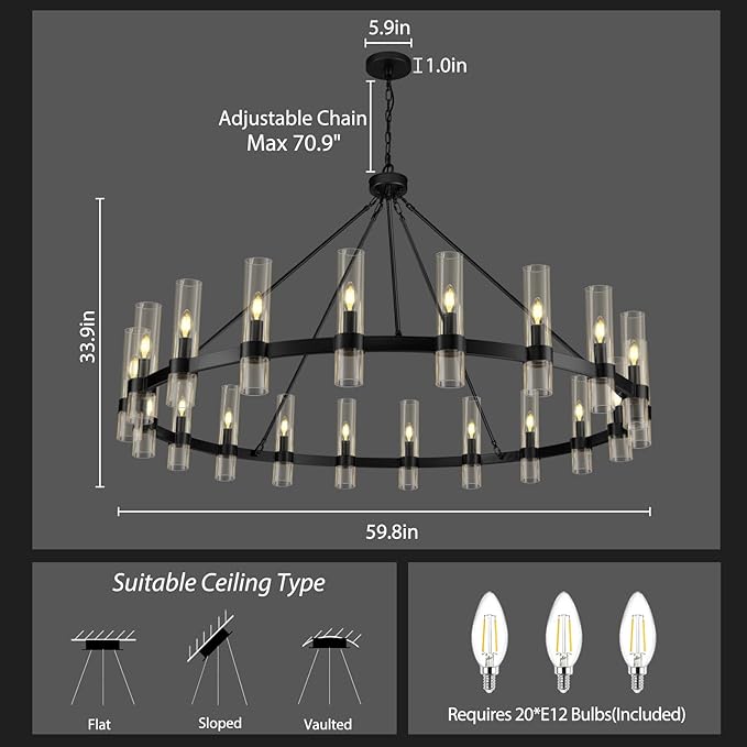 Black Wagon Wheel Chandelier, 60 Inch Glass Chandeliers, 20 Light Chandelier for High Ceiling, Modern Farmhouse Chandeliers for Living Room, Dining Room, Entryway, Stairwell(Bulbs Included)