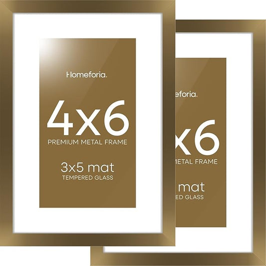 Homeforia 4x6 Picture Frame Bronze, High End Metal 4 x 6 Brass Frames with Mat 3 x 5 for Art, 4x6 Desk Frame Matted to 3x5 inch Photo, 4 by 6 Wall or Tabletop Frame, Tempered Glass, Wall Kit, Set of 2