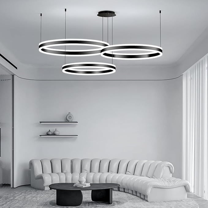 Modern Pendant Light Fixture, 3-Ring Circular Black Dining Room Chandelier, Dimmable 3000K-6500K, LED Hanging Ceiling Light Over Table for Kitchen Island, Living Room, Foyer, Office