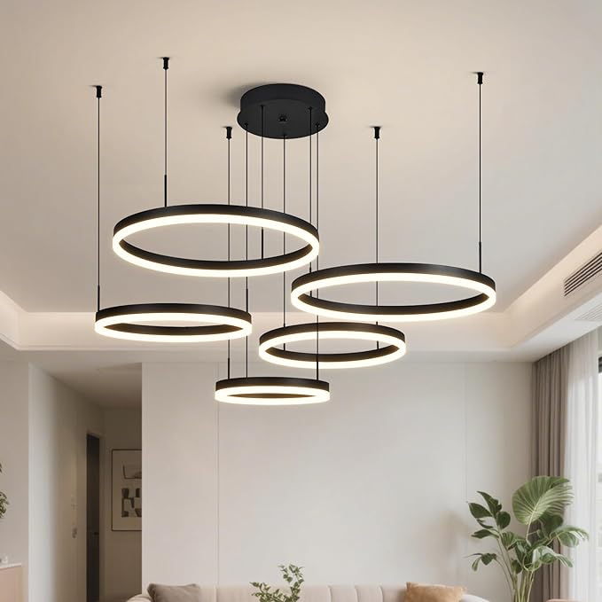 Modern Black Ring Chandelier LED Circle Geometric Pendant Light Dimmable 5 Rings Ceiling Light Fixtures High Ceiling Foyer Chandelier for Living Room Dining Room Bedroom