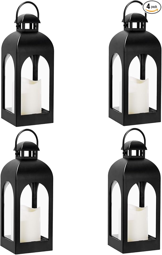 Decor Modern Farmhouse Lantern Decor Set of 4, Black Metal Small Candle Lanterns, Wooden Lanterns Decorative w/Timer & Remote-Controlled Flickering Candles for Home, Indoor, Table (Black)