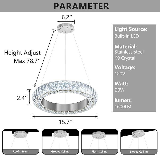 16" Ring Modern LED Dimmable Crystal Chandelier Adjustable Height Pendant Light Round Crystal Chandelier Light Fixtures for Dining Room Living Room Kitchen Island Silver