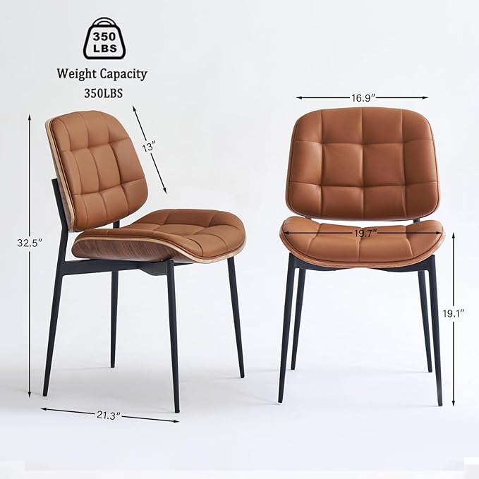 Mid Century Modern Dining Chairs with Walnut Grain Back, Brown Faux Leather Dining Room Chairs Set of 2, Checkered Soft Cushion Kitchen Chairs with Adjustable Foot Pads