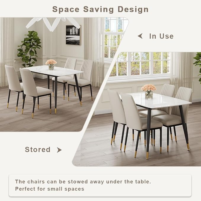 50" White Modern Sintered Stone Dining Table Set for 4 Faux Marble Dining Table with 4 Upholstered PU Leather Chair Dining Room Table Set(1White Table+4Gray Chairs)