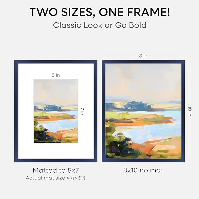 Homeforia 8x10 Picture Frame Navy Blue, High End Metal 8 x 10 Poster Frames with Mat 5 by 7 Print, 10x8 Thin Frame Matted to 7x5 Photo, 8by10 Wall or Tabletop Frame, Tempered Glass, Wall Kit, Set of 1
