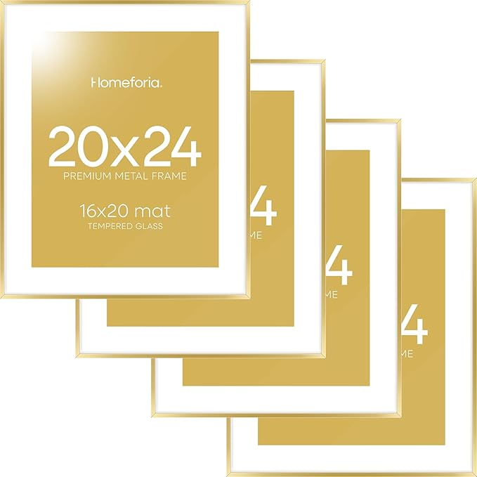 Homeforia 20x24 Picture Frame Gold, High End Metal 24x20 Frames for Wall, 20x24 Gold Frame Matted to 16x20 Print, 20 x 24 Poster Large Frame with Mat 16 by 20 Photo, Tempered Glass, Wall Kit, Set of 4