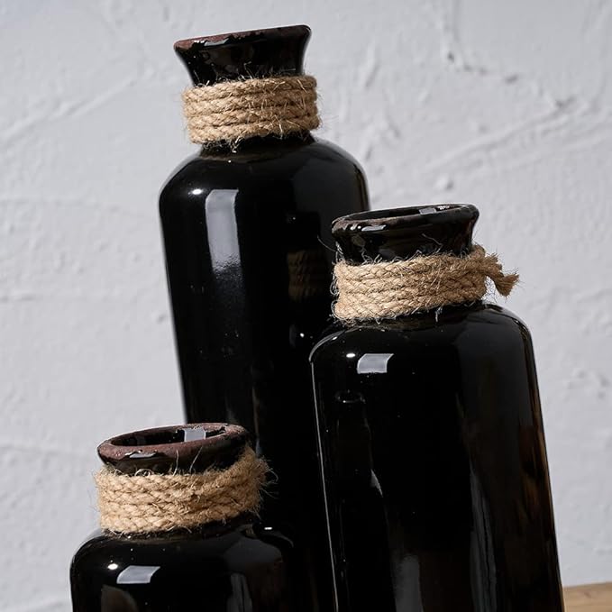 LUKA Ceramic Rustic Farmhouse Vase Set of 3,Terracotta Vases for Decor,Antique Vase for Your Bedroom,Office,Living Room,Fireplace Decor,Housewarming （10+7.5+5 Inch）