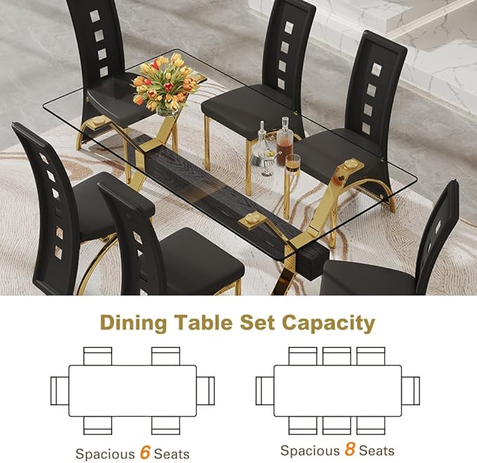 71'' Modern Dining Table Set for 6,7 Piece Glass Dining Table Set with Open‑Frame X‑Shaped Golden Metal Base,Gold Kitchen Table and Chairs Ideal for Dining Room&Home Office