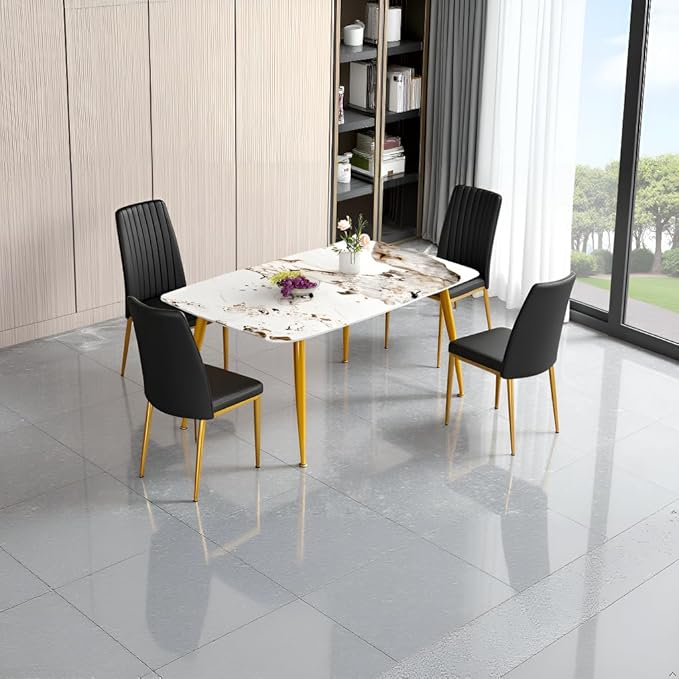 62" Marble Dining Room Table Set for 4 Rectangle Modern Dinner Table with Sintered Stone Top Golden Metal Legs for Kitchen Dining Room (62" Golden+4Black Chairs)