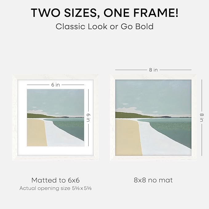 Homeforia 8x8 Picture Frames White, High-End Oak 8 x 8 Square Wood Frame with Mat 6 by 6 Photo, 8x8 Wooden Frames Matted to 6x6 Print, 8by8 Wall or Tabletop Frame, Tempered Glass, Wall Kit, Set of 1