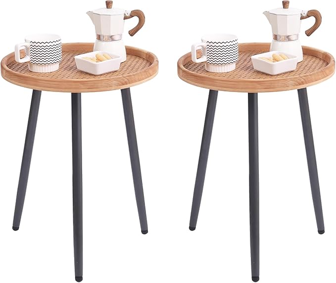 Tiita 2 Pack Rattan Round End Table Mental Side Table Nightstand/Small Wood Tables Accent Coffee Table with Wooden Tray for Living Room Bedroom Office Small Space